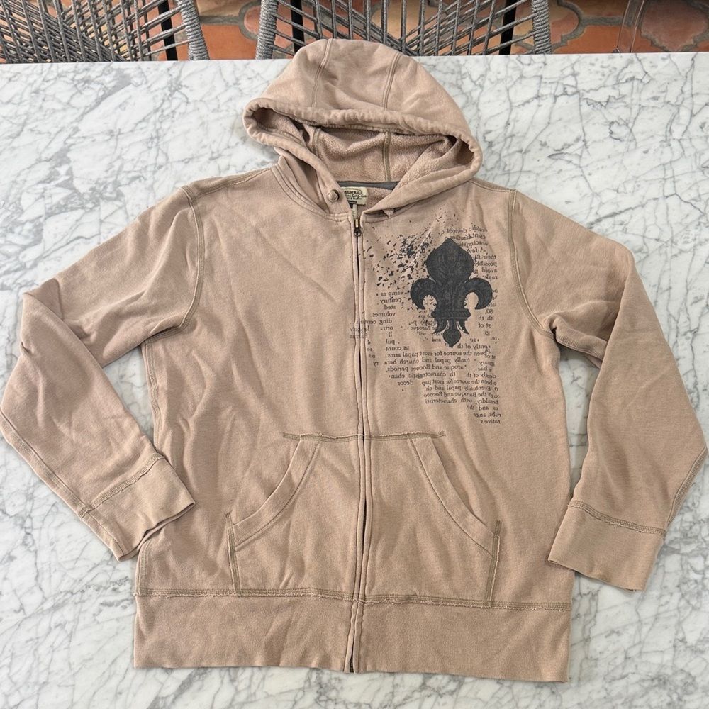 Y2K American Rag Cie Hoodie Mens L Tan Fleur De Lis Graphic Grunge Streetwear